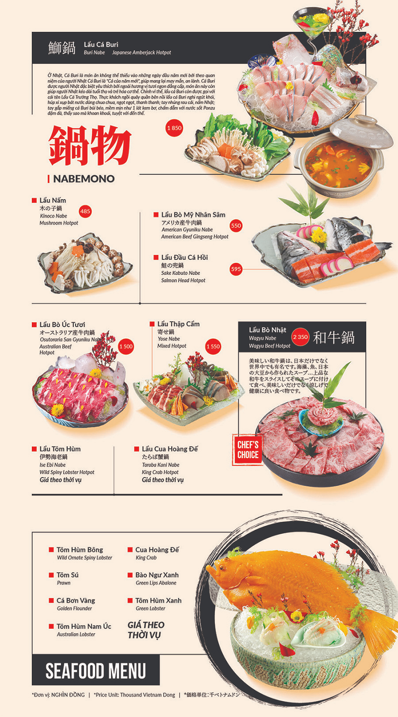 Bảng giá tham khảo nhà hàng hatoyama