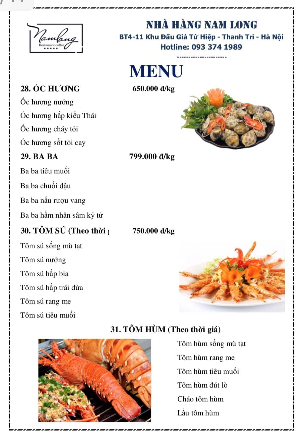 Menu Nhà hàng Nam Long