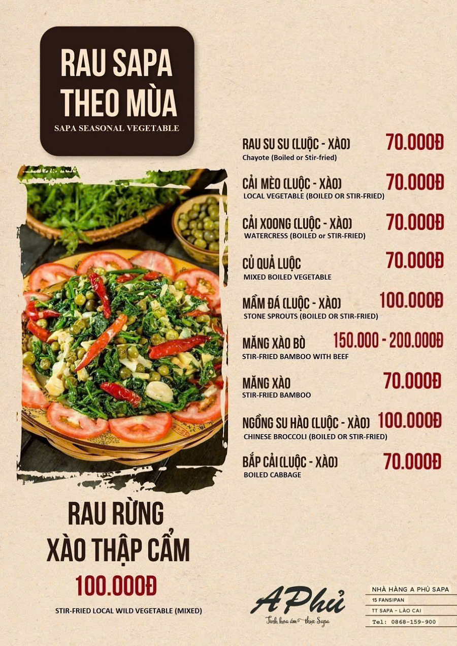 Thực đơn Nhà Hàng A Phủ Sapa
