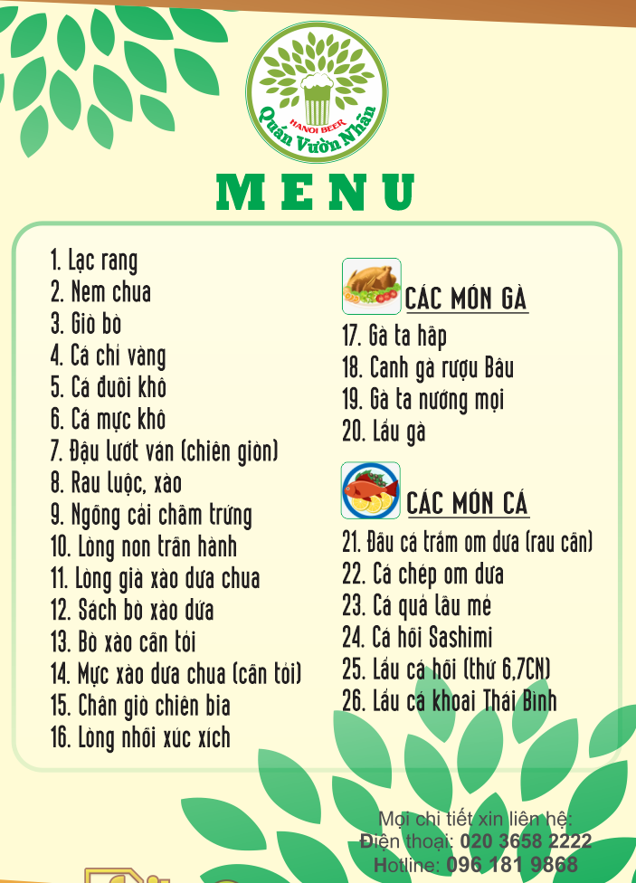 Thực đơn Nhà Hàng Vườn Nhãn
